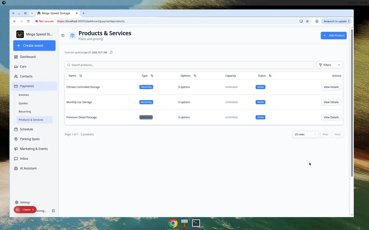 Products and Services list showing recurring and one-time products used as quote line items