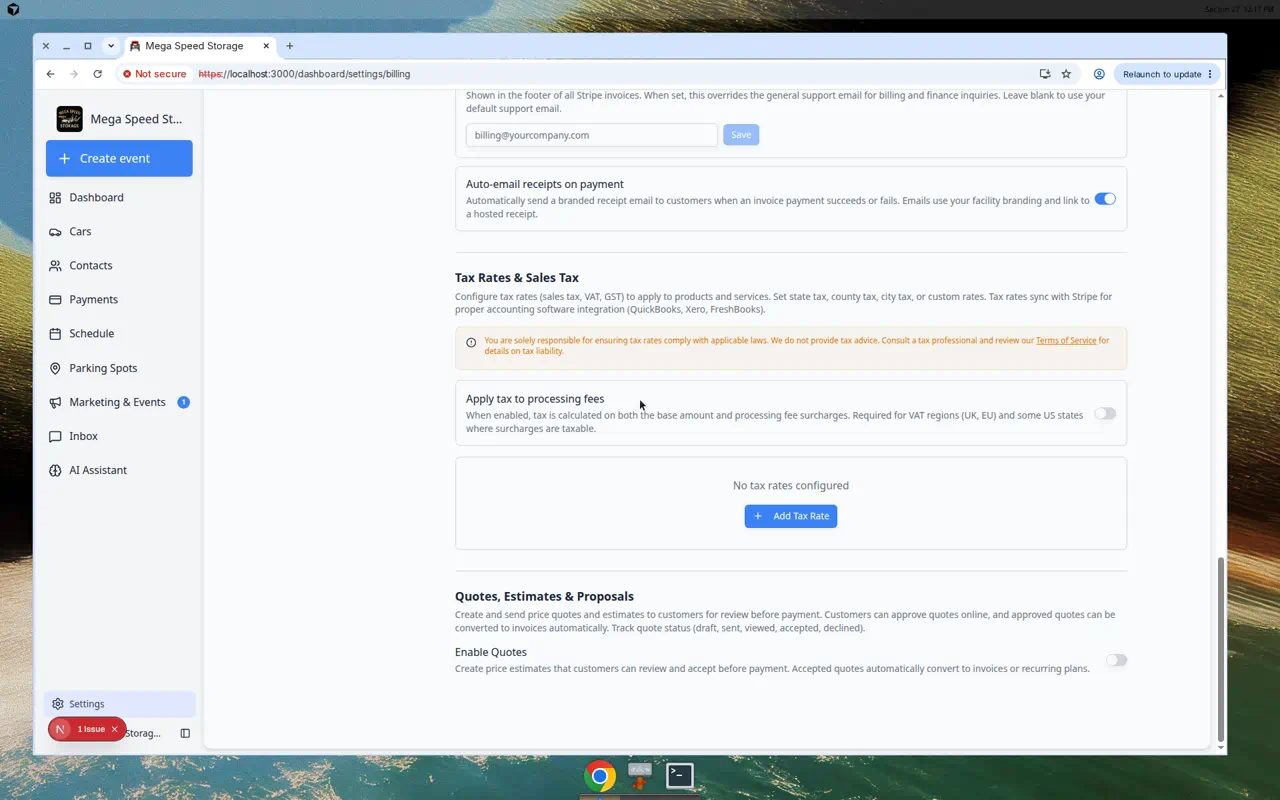Billing settings showing Quotes Estimates and Proposals section with Enable Quotes toggle turned on