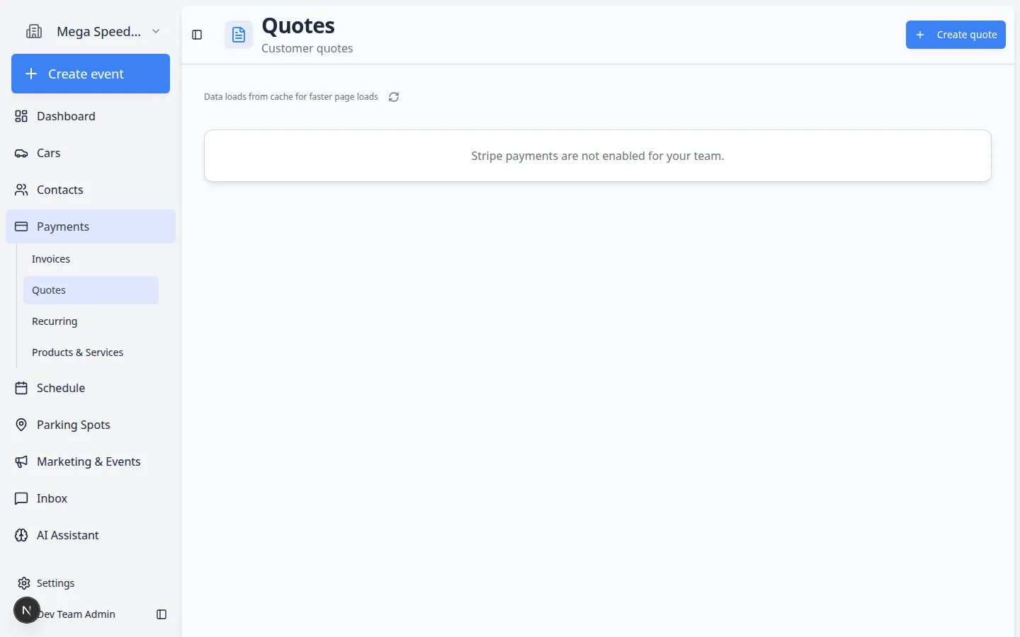 Quotes page showing quote rows with customer names, status badges, totals, and expiration dates