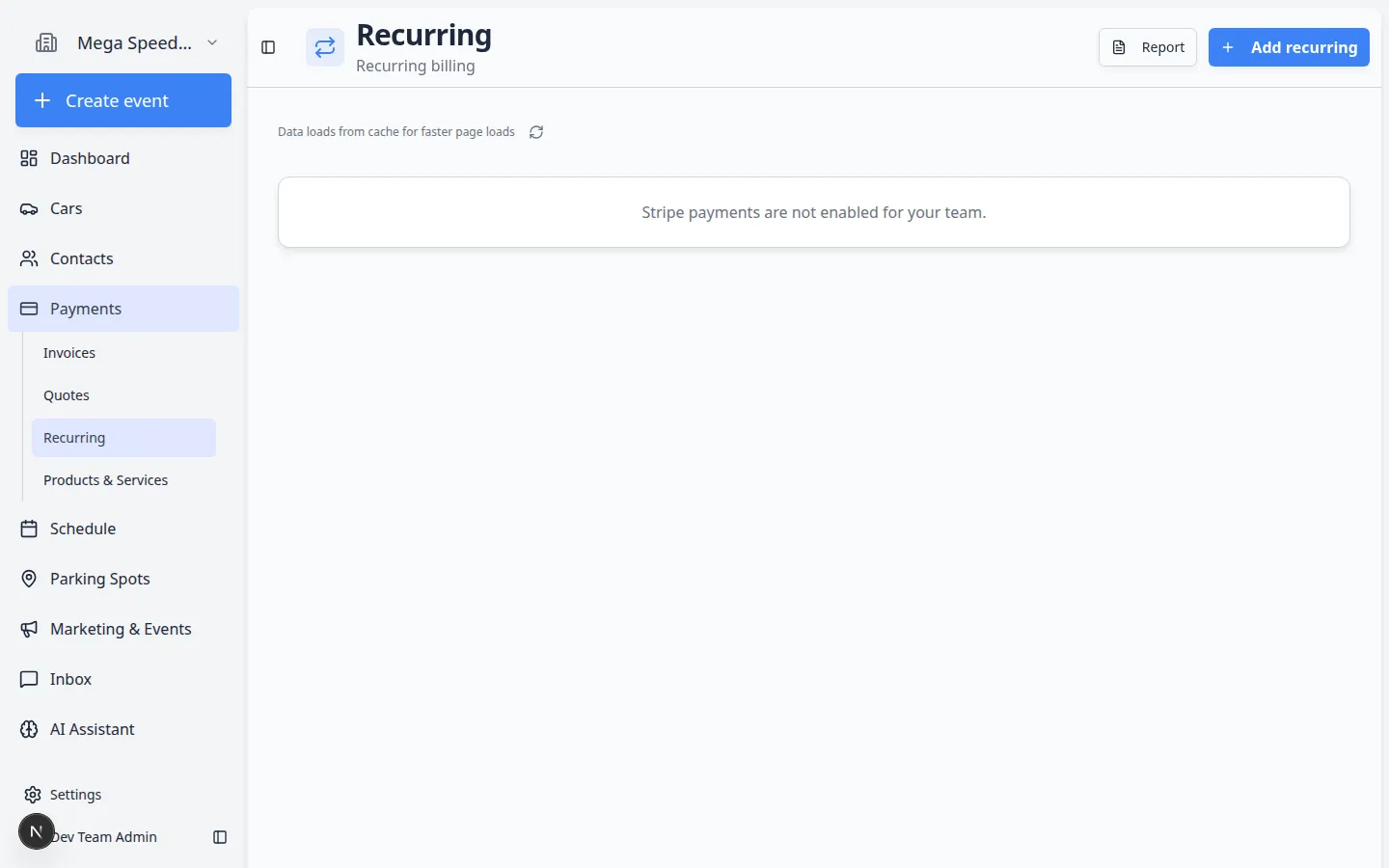 Recurring page showing active recurring billing rows with customer names, products, prices, status badges, and Manage buttons