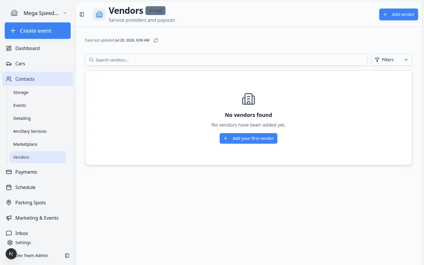Vendors page showing multiple vendor rows with company names, types, email, account status, and Active status