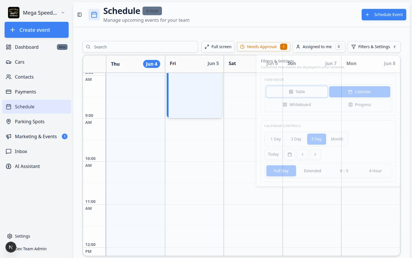 Schedule calendar in 3-day view showing Tuesday through Thursday with color-coded events in their time slots