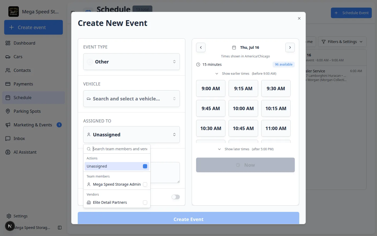 Create New Event dialog with the Assigned to picker open showing team members and vendor partners with checkboxes