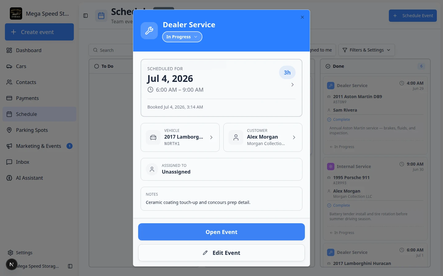 Event details panel for a pending booking showing Approve, Decline, and Suggest New Time buttons with customer and vehicle information