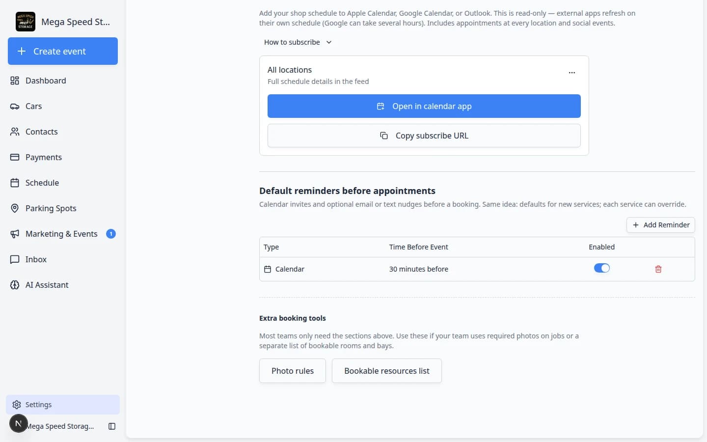 Events and schedule settings page scrolled to Subscribe to your schedule with subscription buttons and feed cards