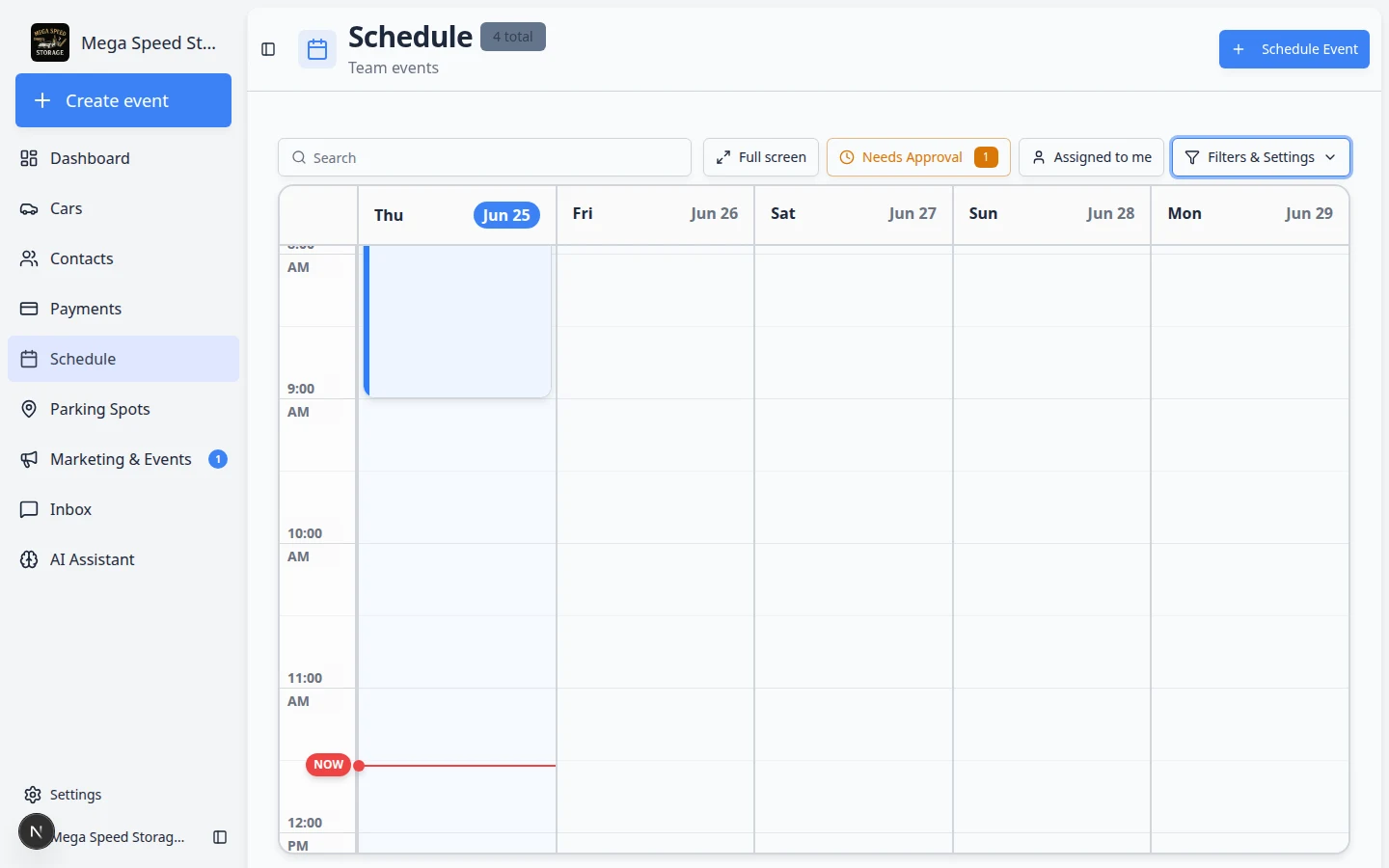 Schedule month calendar showing event blocks with small corner indicators including pending approval stripes on booking requests