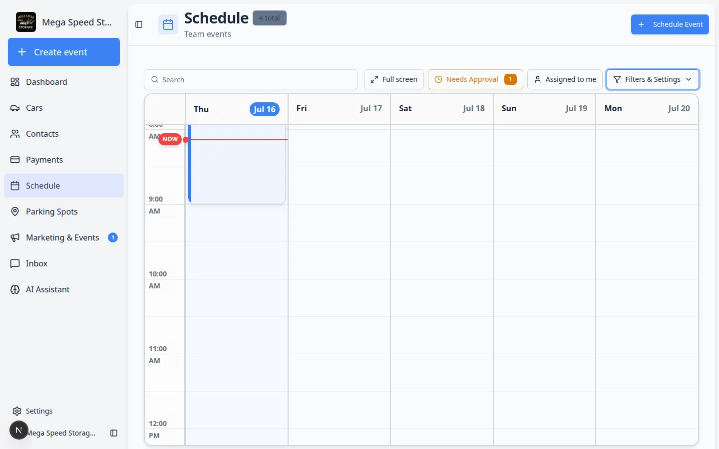 Schedule calendar showing events as colored blocks across the week, with each event displaying the vehicle name, customer, and time