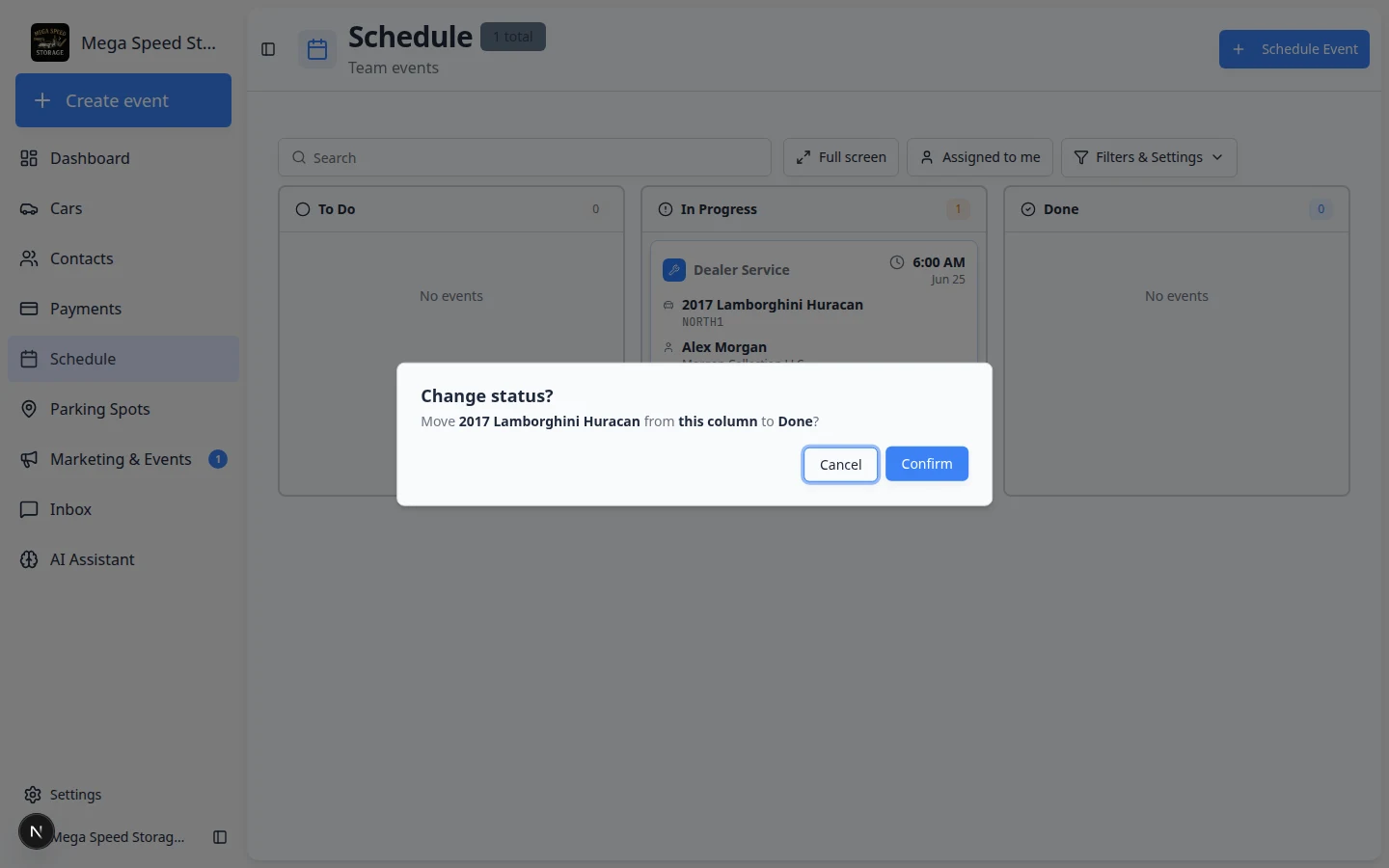 Progress view on Schedule with a Change status confirmation dialog asking to move a vehicle event from In Progress to Done