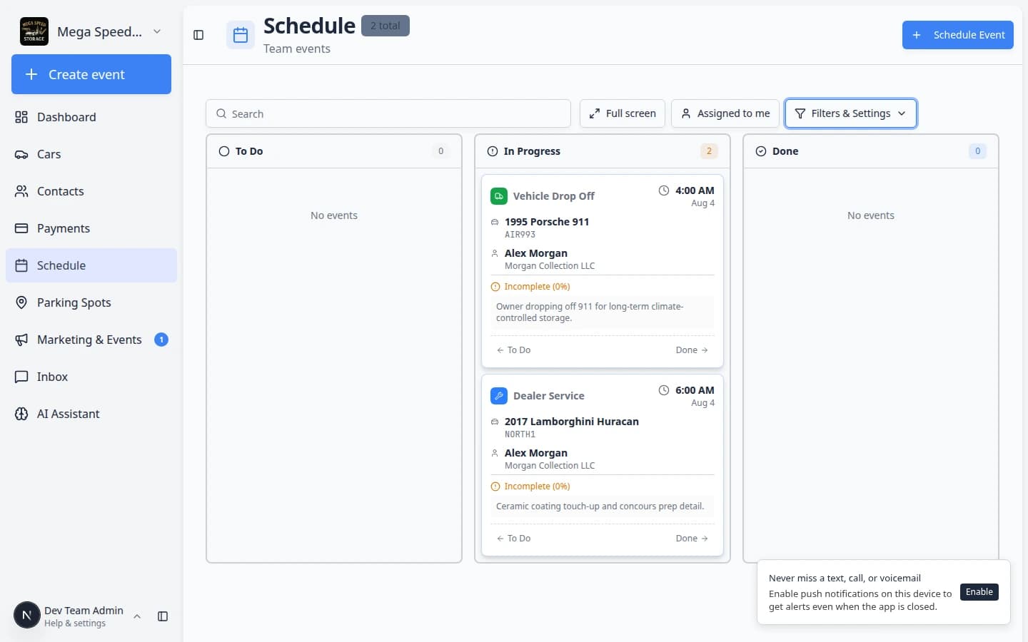 Progress view on Schedule with a Change status confirmation dialog asking to move a vehicle event from In Progress to Done