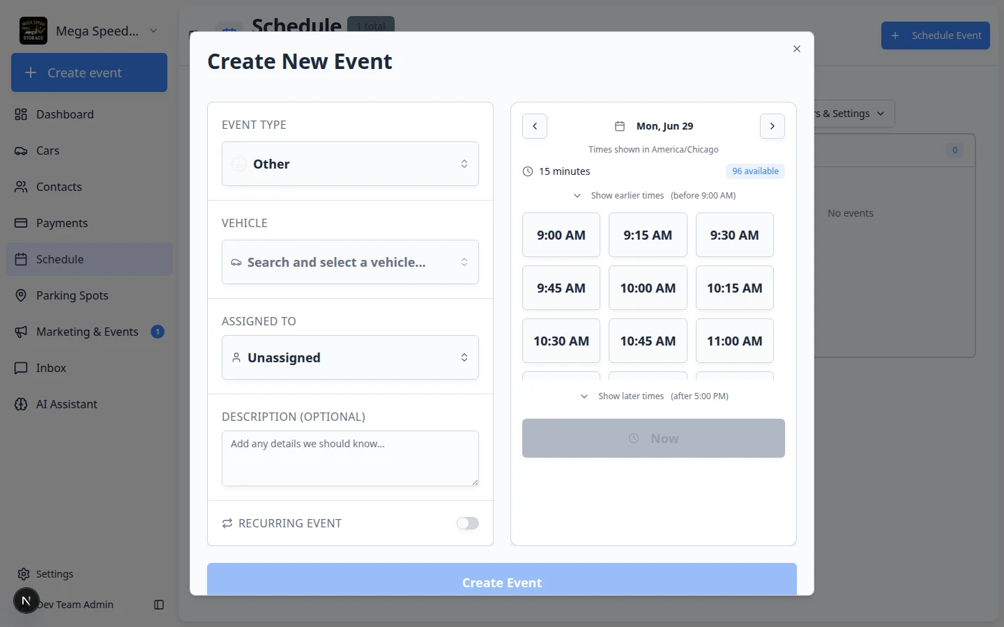 Create New Event form with the Now button visible below the available time slots
