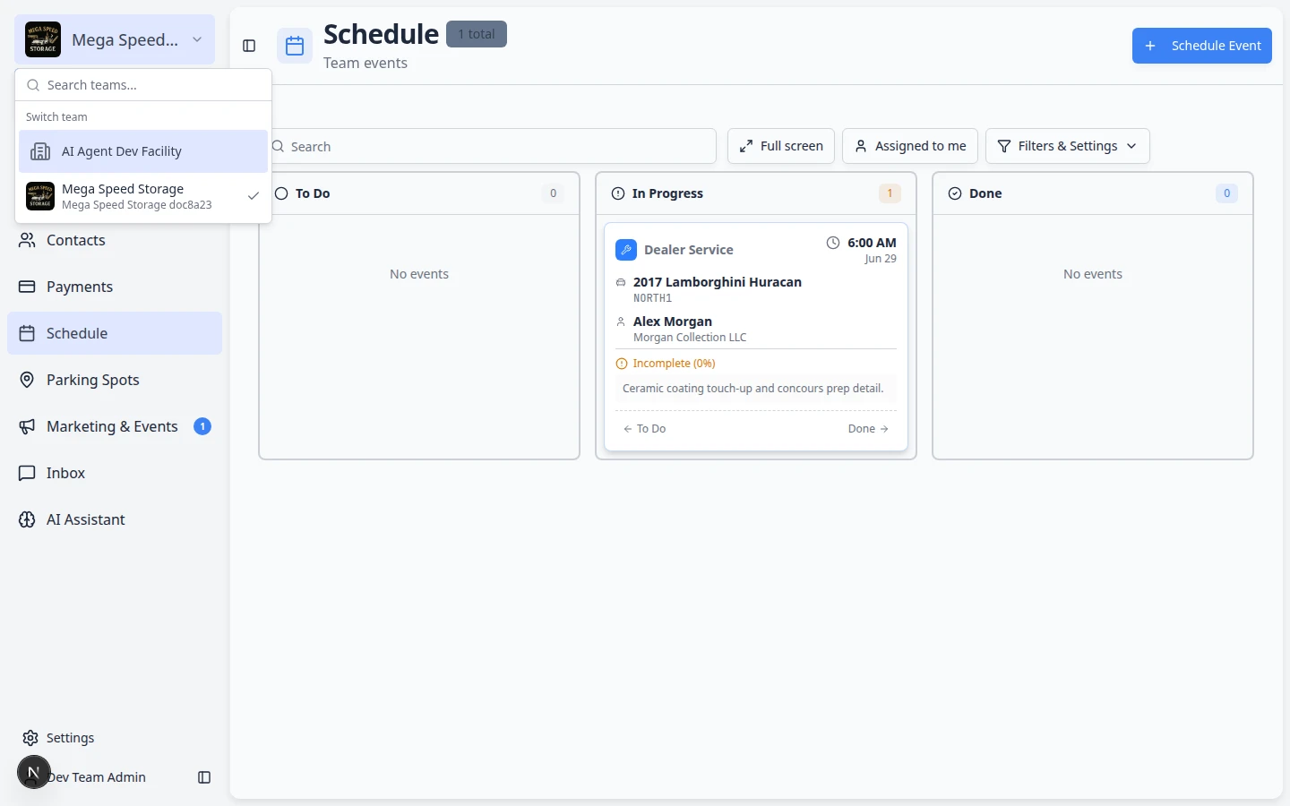 Schedule event details panel showing customer, vehicle, scheduled time, notes, and Edit Event button
