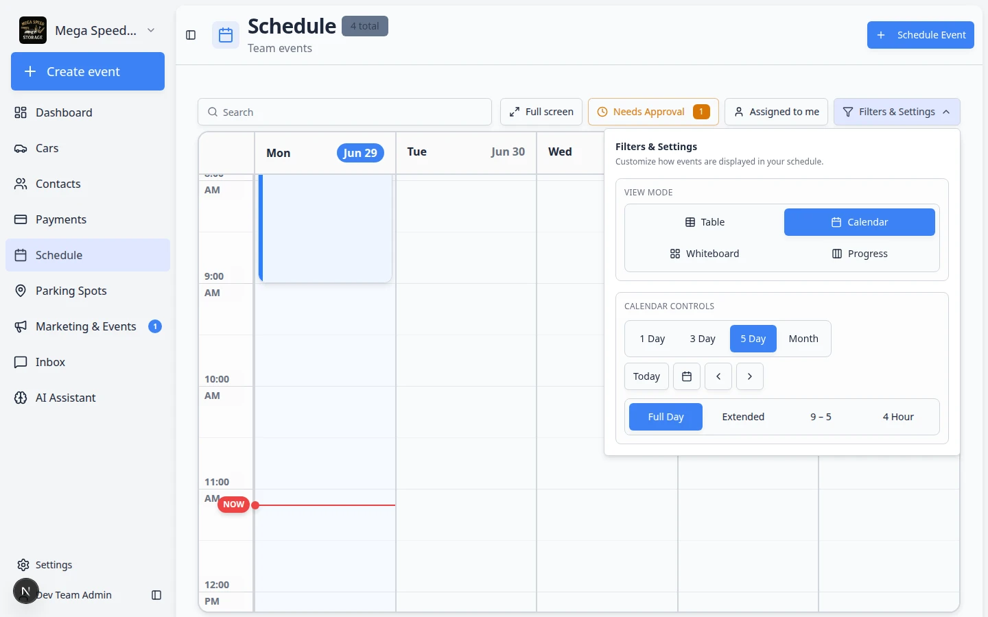 Filters & Settings panel open, showing view mode choices (Table, Calendar, Whiteboard, Progress) and calendar display options like 1 Day, 3 Day, 5 Day, 2 Week, Month, and time range settings