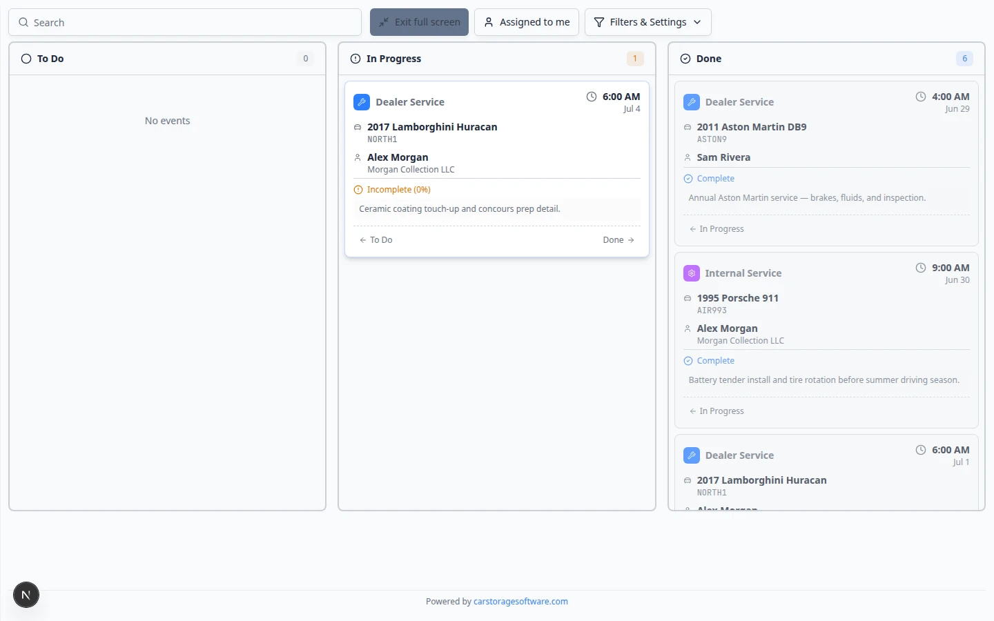 Full-screen schedule display showing a large calendar with today's events and no dashboard sidebar