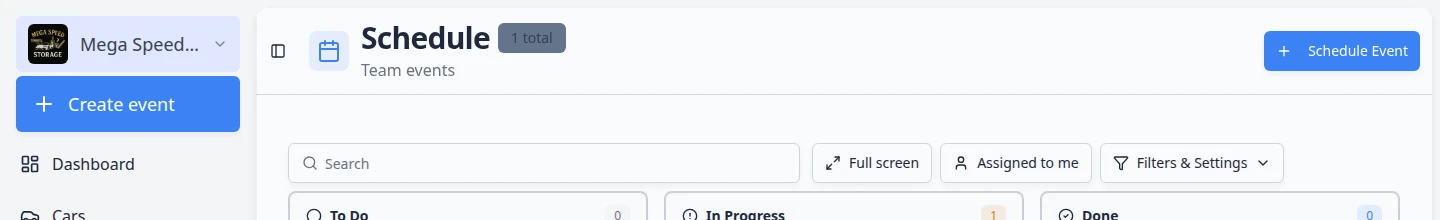 Top of the Schedule page showing Schedule Event, Full screen, and Filters and Settings buttons