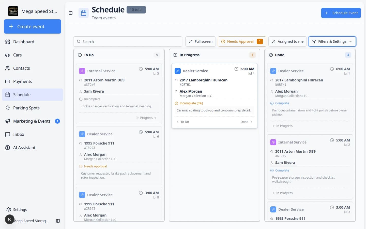 Schedule month view showing multiple appointments across the month including dealer service, internal service, and transport events