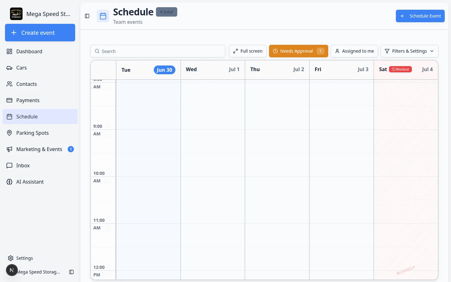 Schedule page with Needs Approval filter active and pending booking requests highlighted