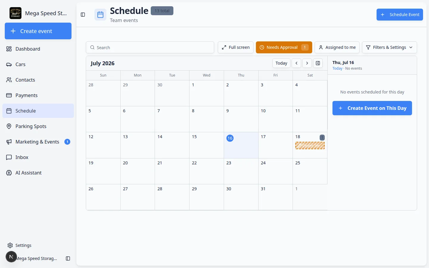 Schedule page with Needs Approval filter active showing a pending online booking request on the calendar with a number badge on the filter button