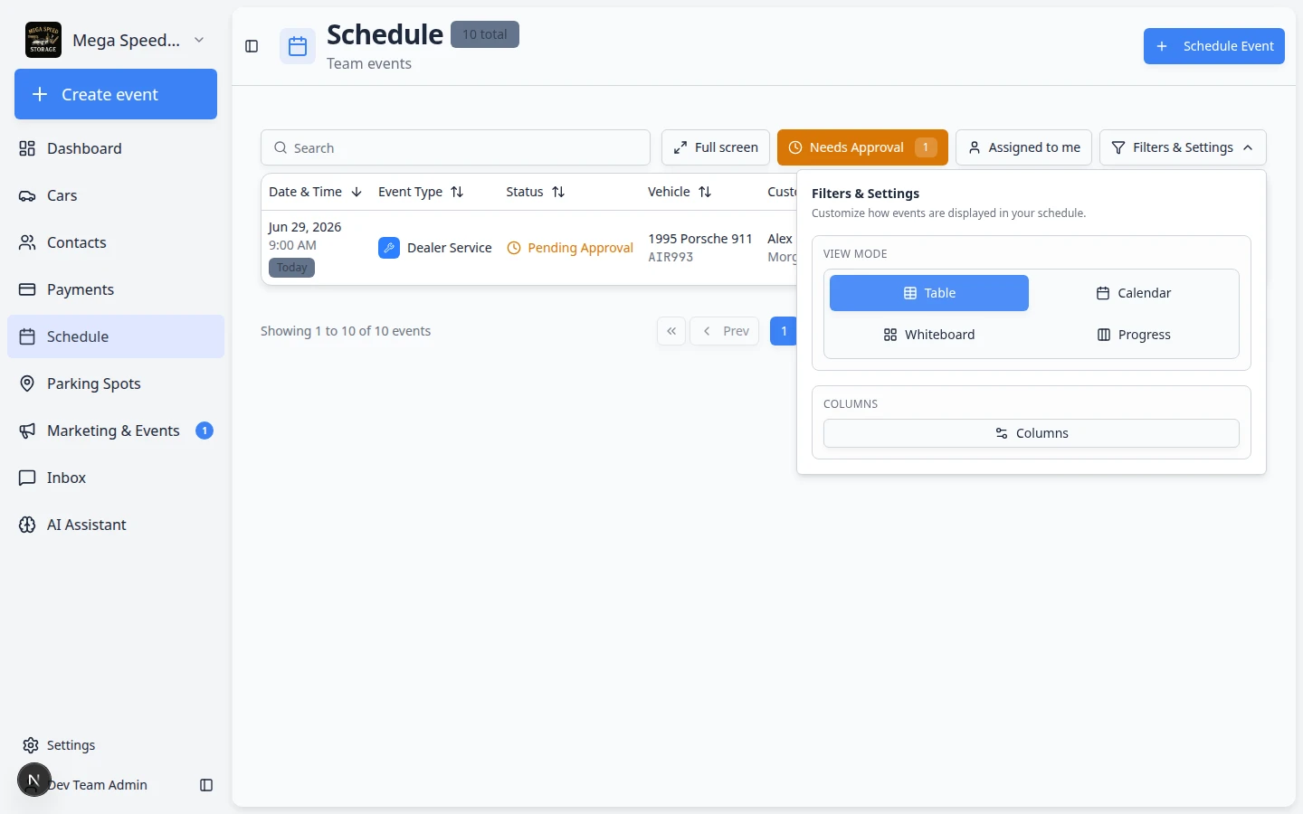 Schedule Table view filtered to Needs Approval showing pending booking rows with status and customer details