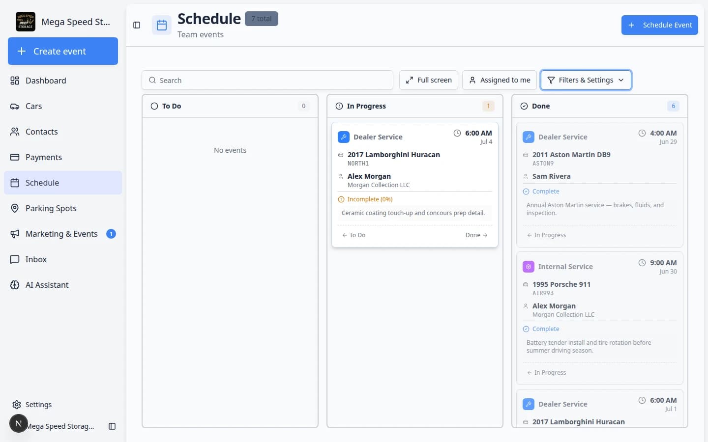 Schedule Progress view showing To Do, In Progress, and Done columns with vehicle event cards for dealer service and internal work