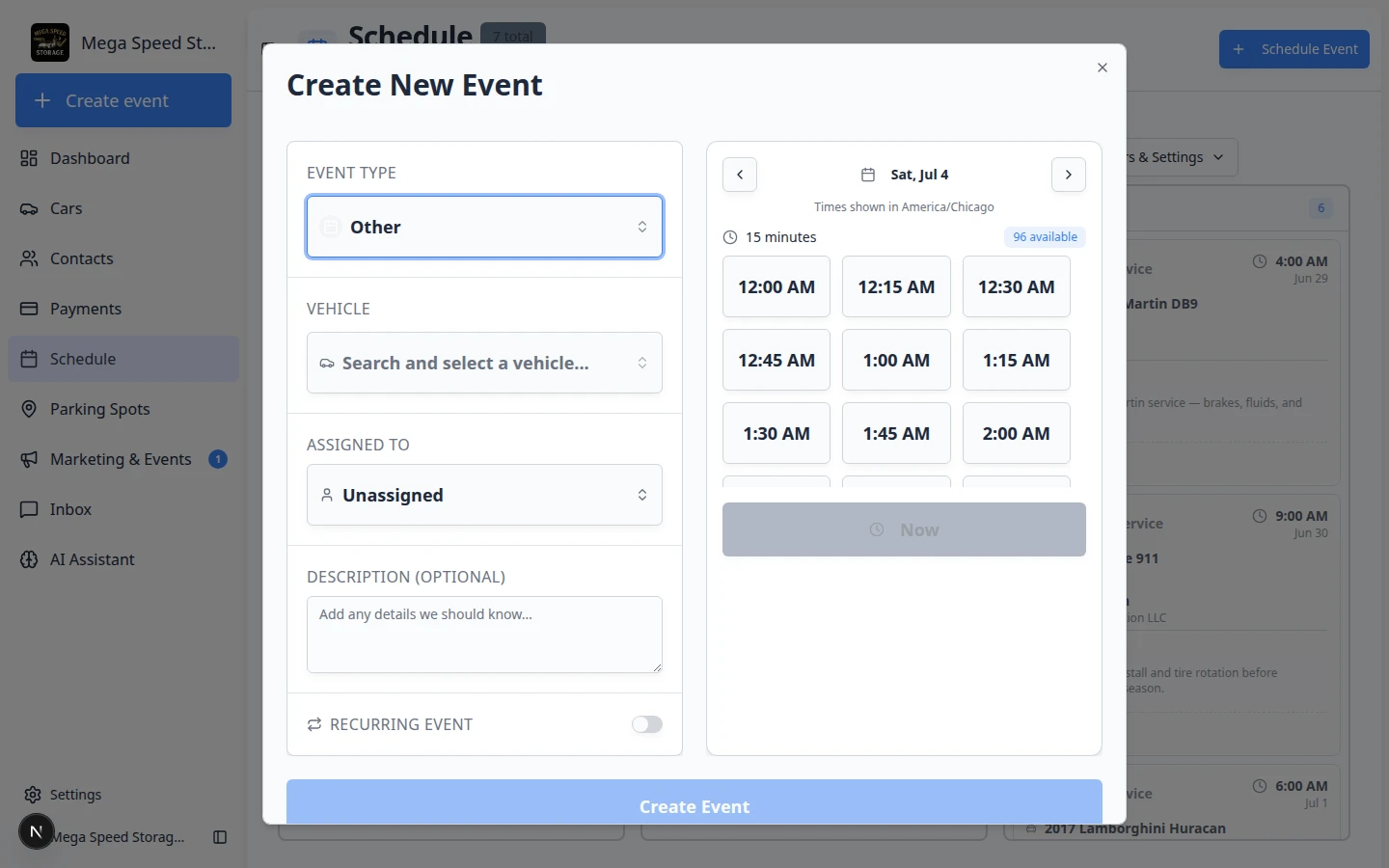 Create New Event form with Recurring Event enabled showing repeat frequency, days of the week, and Until date fields