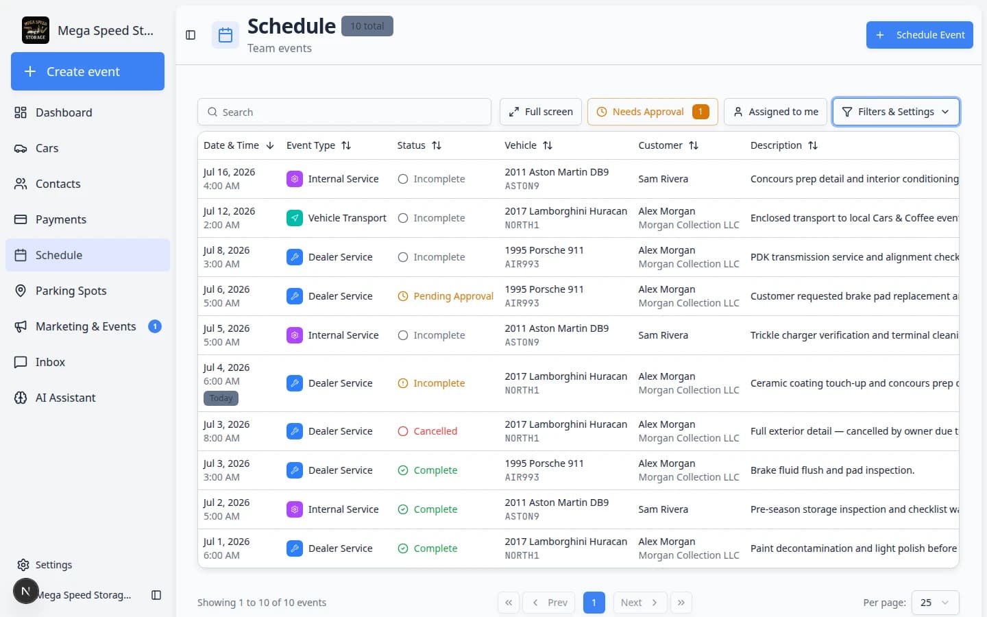 Schedule in Table view showing events listed with columns for date and time, event type, status, vehicle, customer, and description