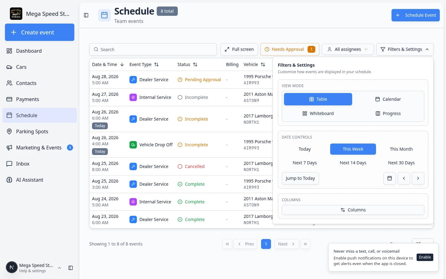 Schedule Table view showing sortable columns for date and time, event type, status, vehicle, customer, and description with color-coded event type badges
