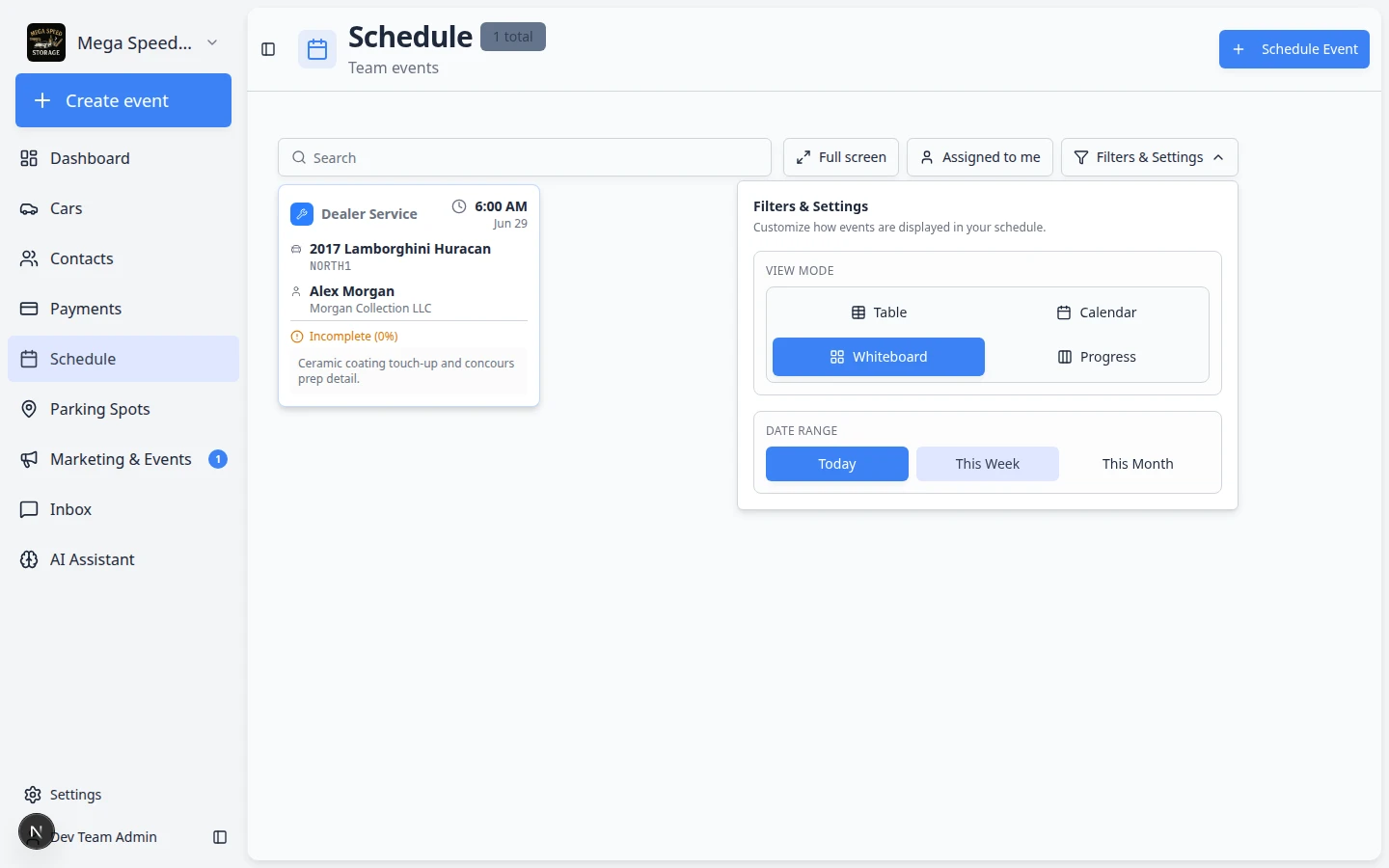 Filters and Settings panel on Schedule with Whiteboard view selected and DATE RANGE options such as Today and This Week