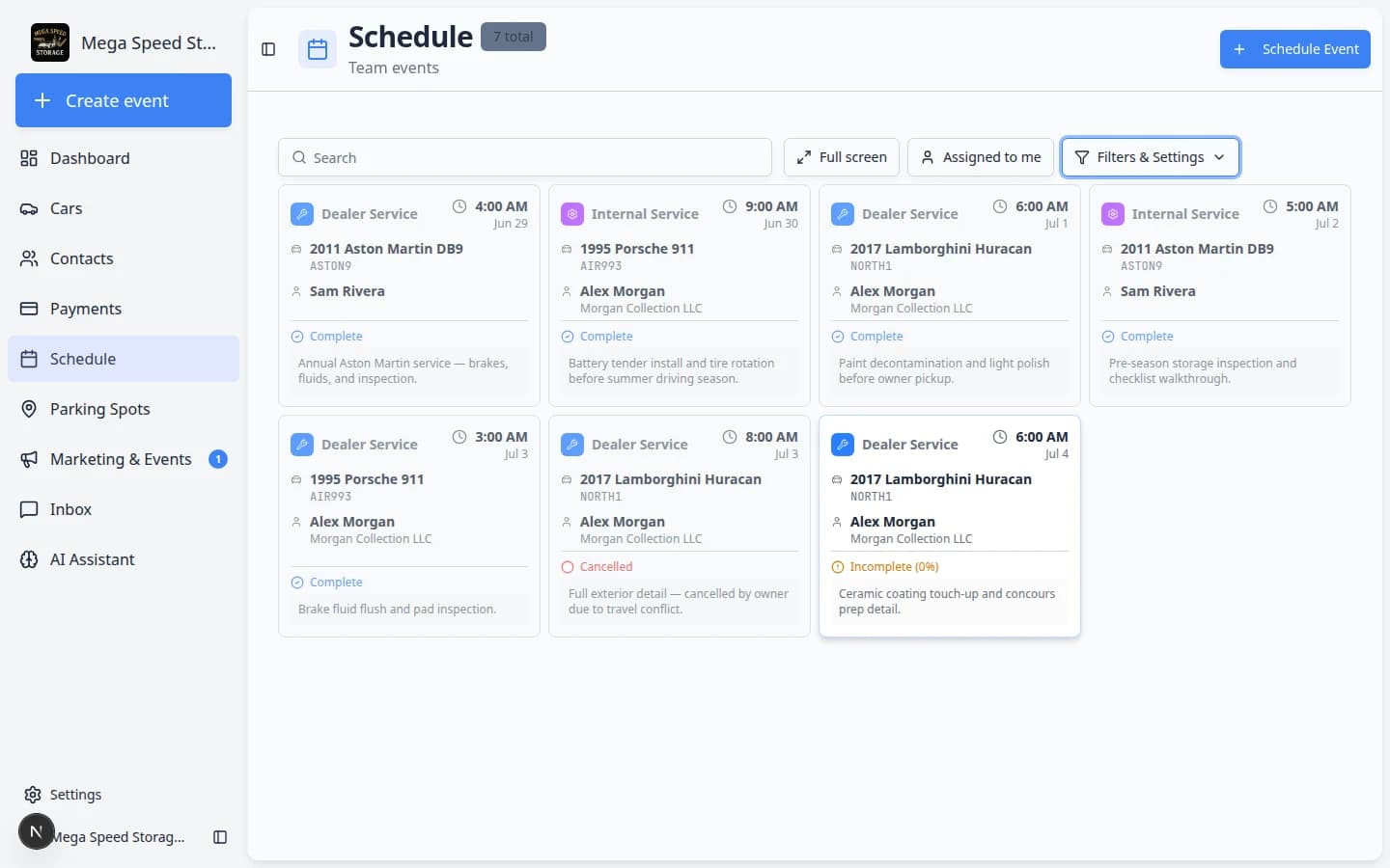 Schedule Whiteboard view showing scheduled work as cards with vehicle names, customers, event types, and times
