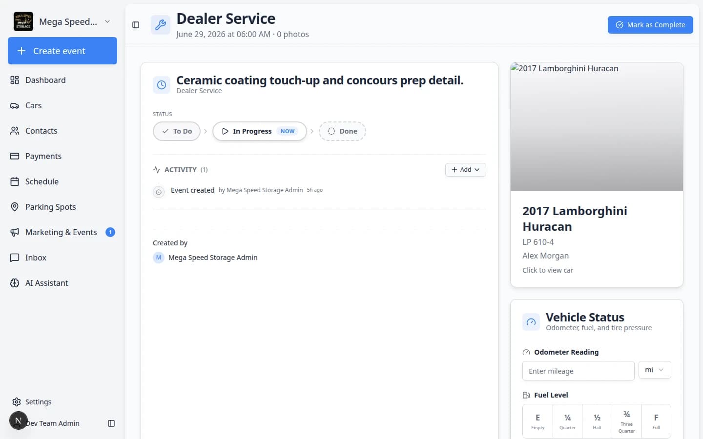 Event workflow page header showing Mark as Complete button