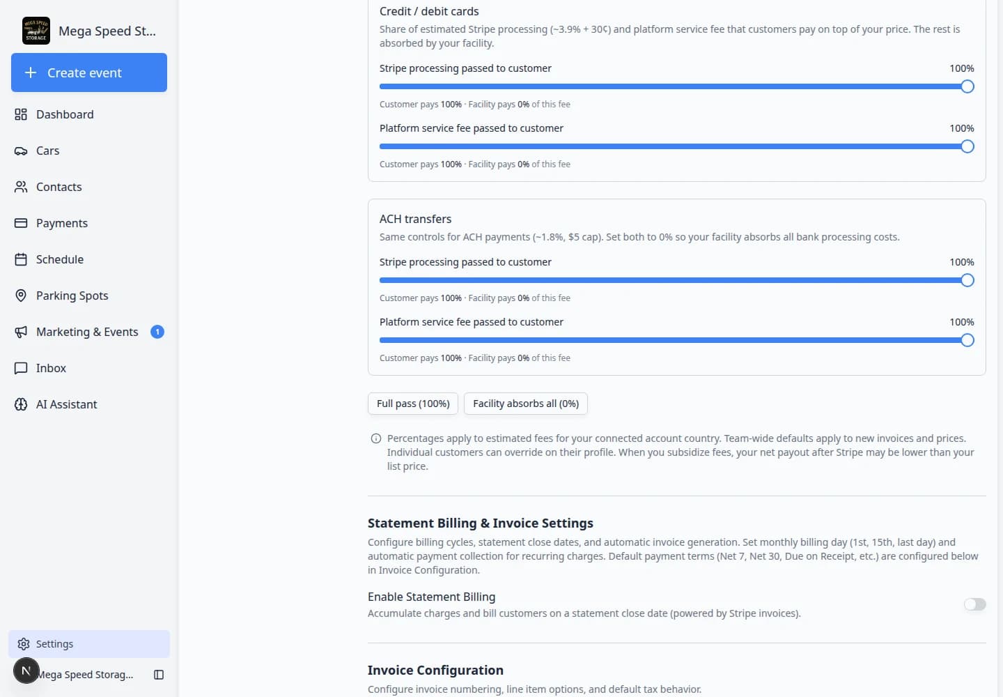 Billing settings page scrolled to Statement Billing and Invoice Configuration sections