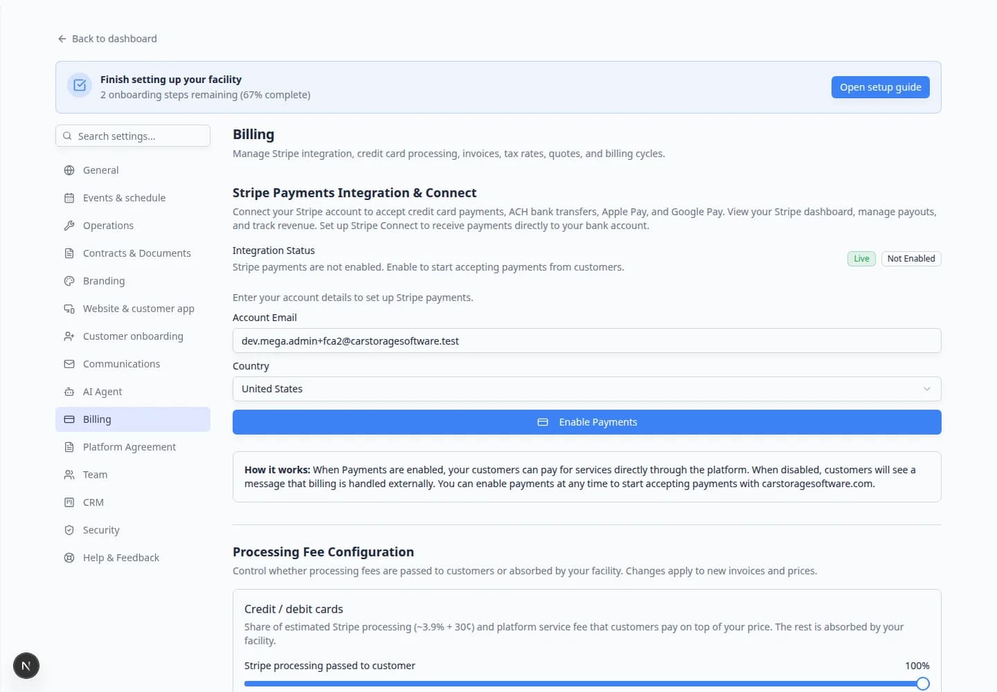 Billing settings page scrolled to Statement Billing and Invoice Configuration sections