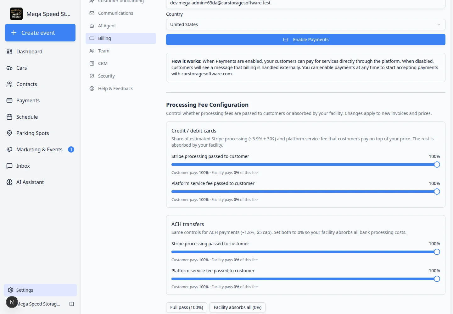 Billing settings page scrolled to Processing Fee Configuration section