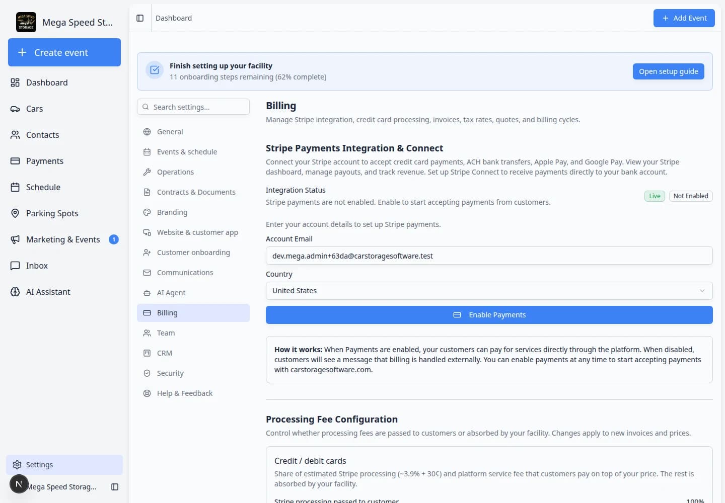 Billing settings page showing Stripe Payments Integration and Connect section at the top