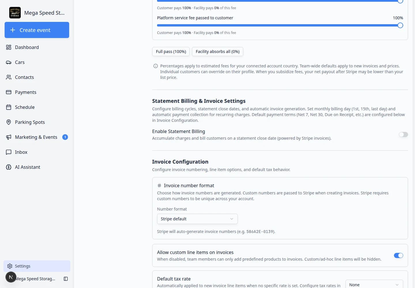 Billing settings page scrolled to Tax Rates and Sales Tax section