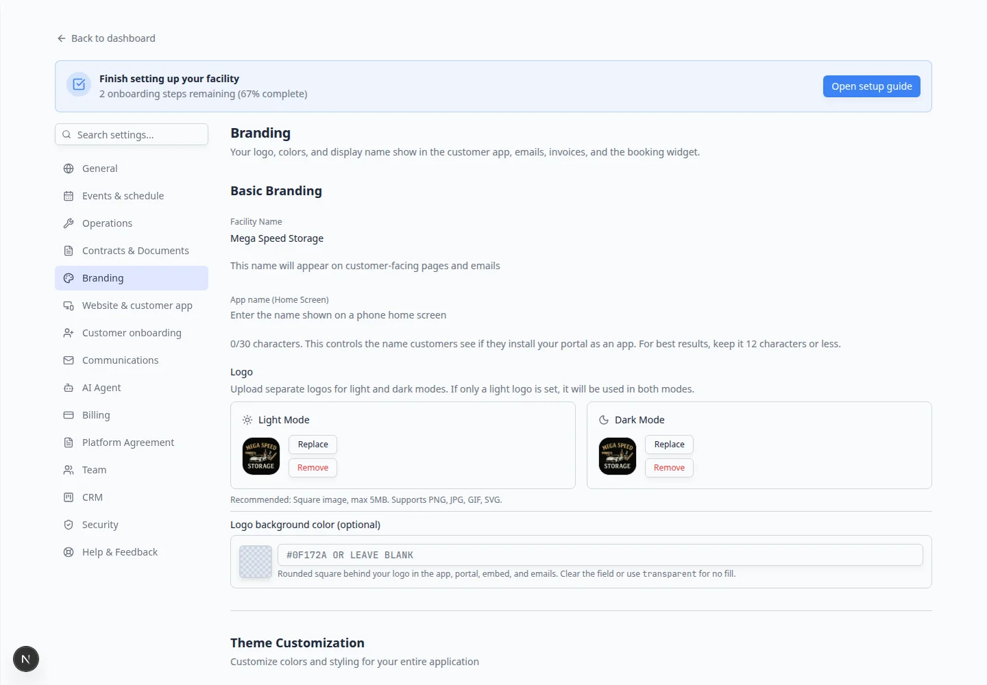 Branding settings scrolled to Theme Customization showing color pickers and theme preset options