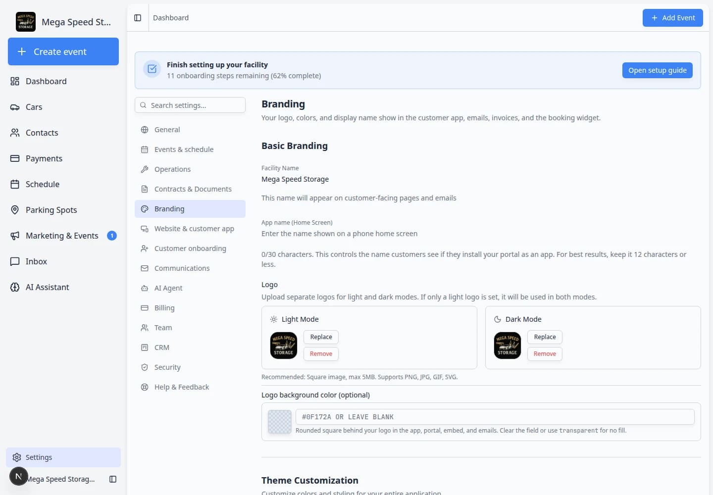 Branding settings page showing Basic Branding with facility name, app name, and light and dark mode logo upload areas