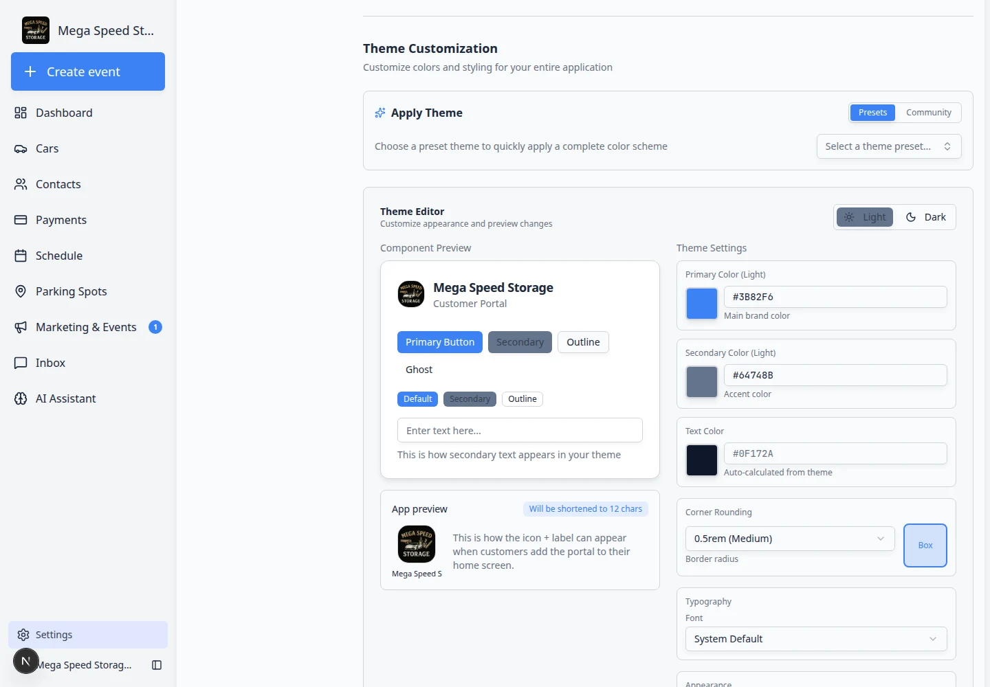 Branding settings showing Theme Customization with component preview and color pickers