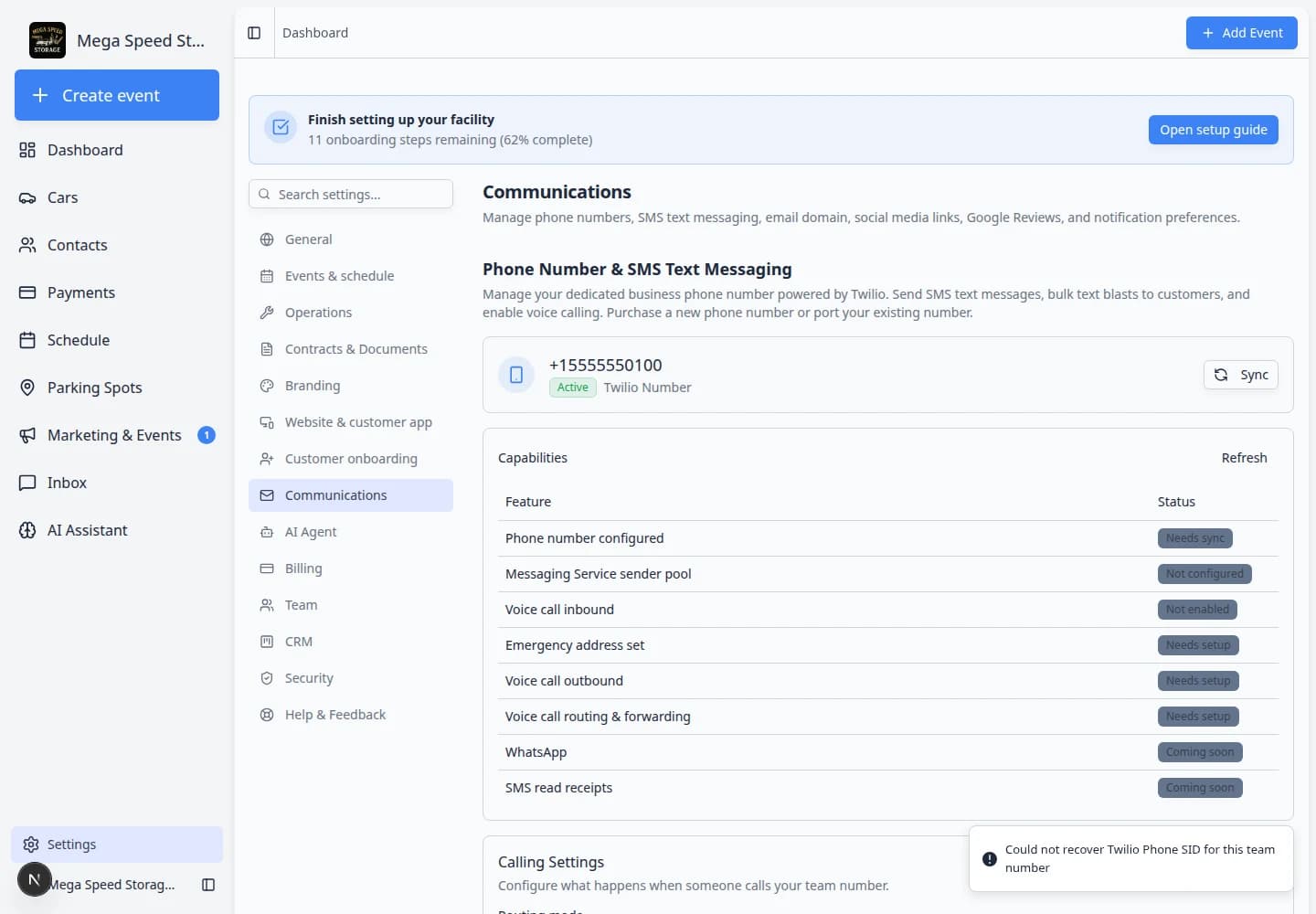 Communications settings page showing phone number and SMS, email domain, social media links, Google Reviews, and notifications
