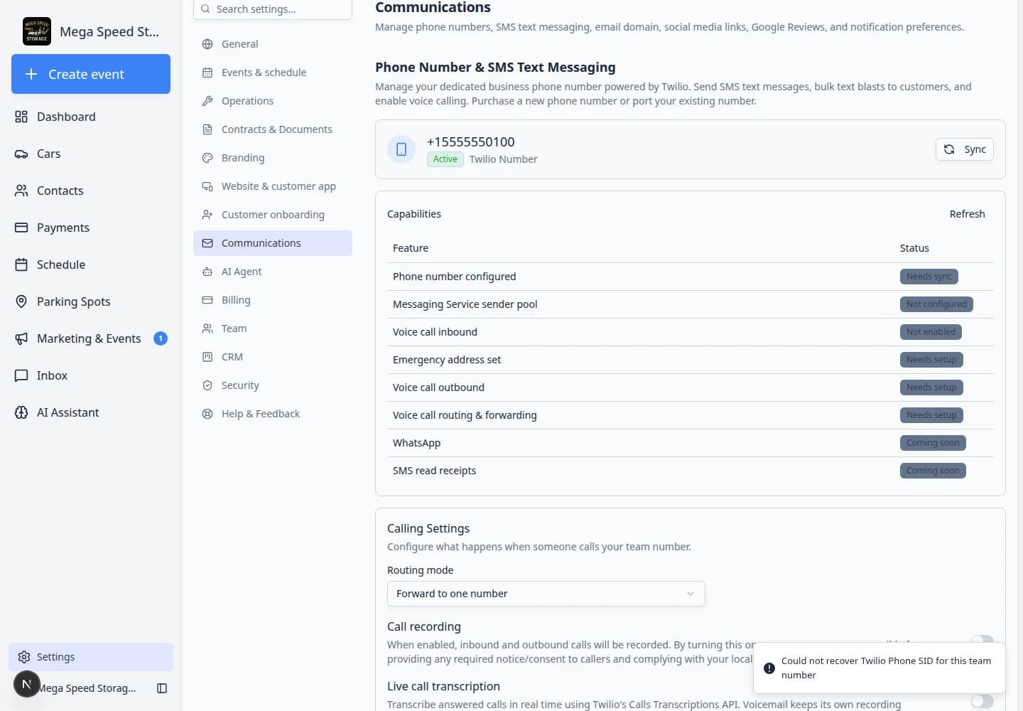 Communications settings page scrolled to Phone Number and SMS Text Messaging section