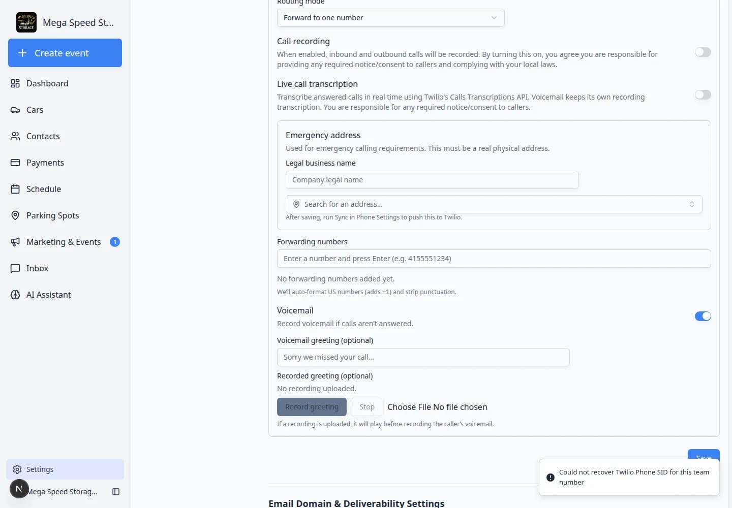 Communications settings scrolled to Social Media Links and Profiles section