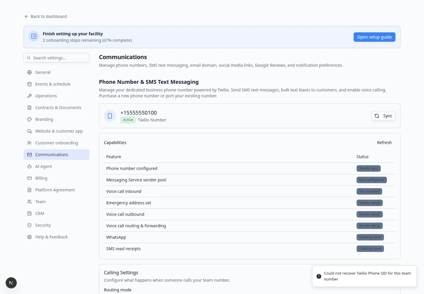 Communications settings scrolled to Social Media Links and Profiles section