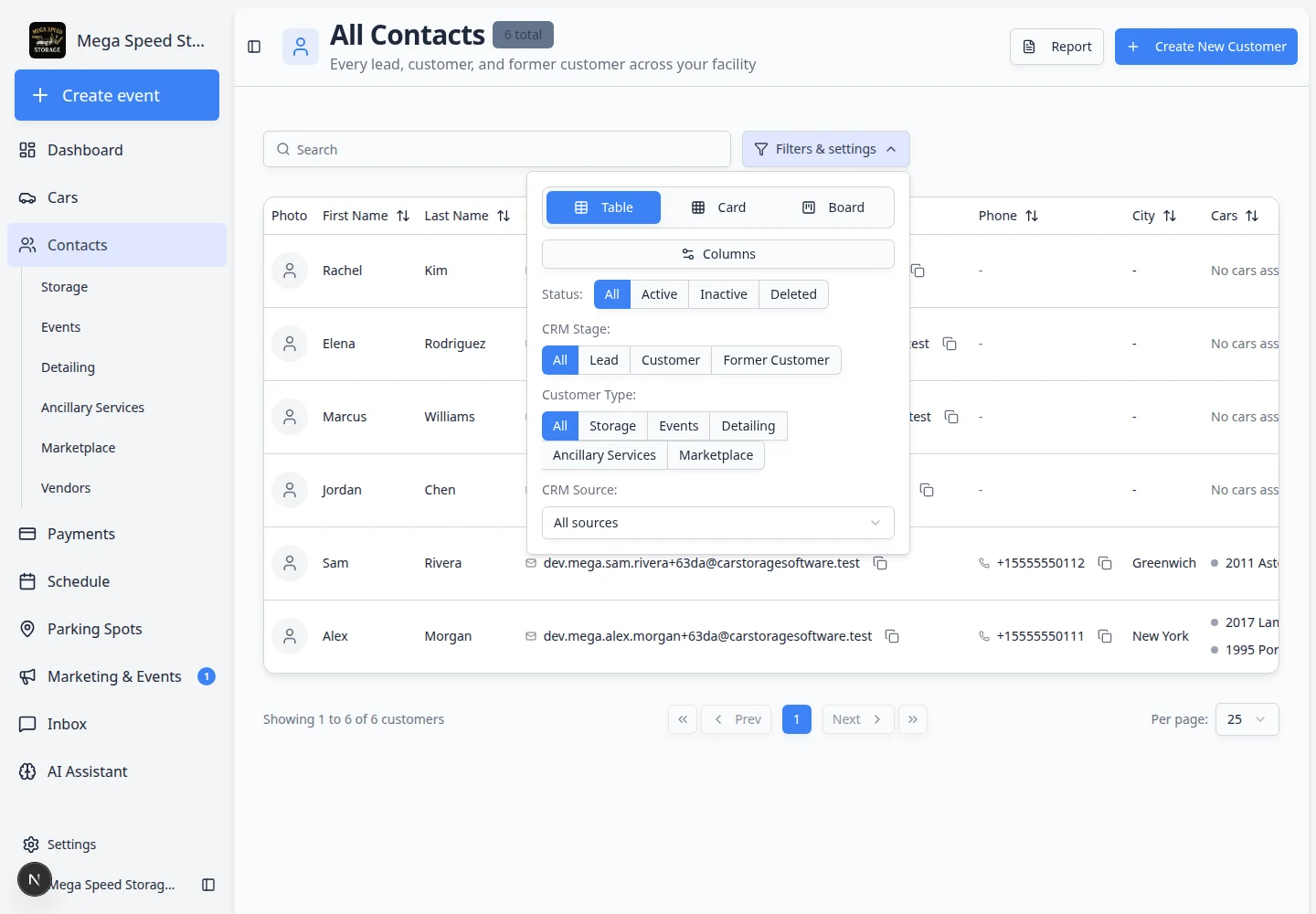 Contacts page in Board view showing CRM stage columns with customer cards organized by follow-up stage