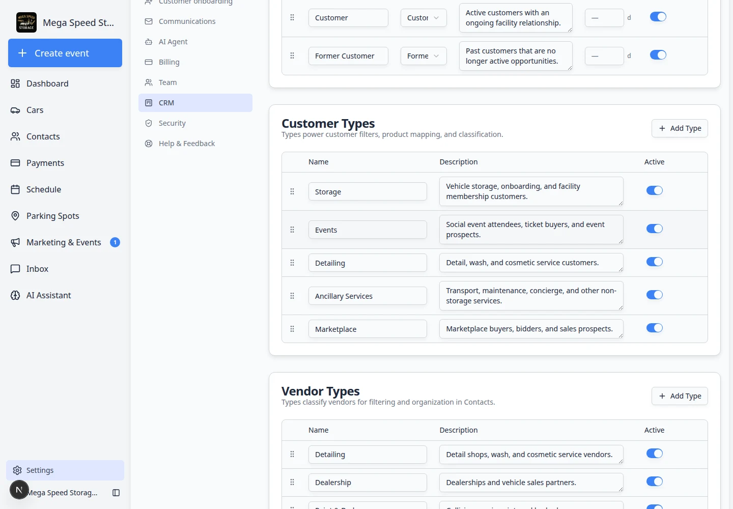 CRM settings page focused on Customer Types table with type names, descriptions, and Active toggles