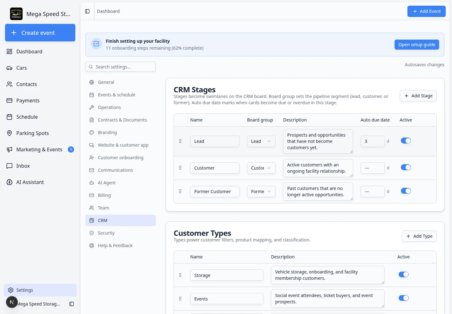 CRM settings page showing CRM Stages, Customer Types, and CRM Sources tables