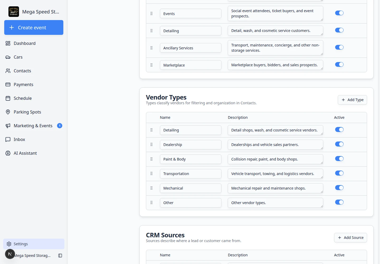 CRM settings page focused on CRM Sources table with source names and descriptions