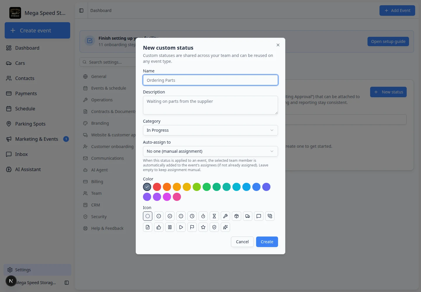 New custom status window with name, description, category, auto-assign user, color, and icon choices