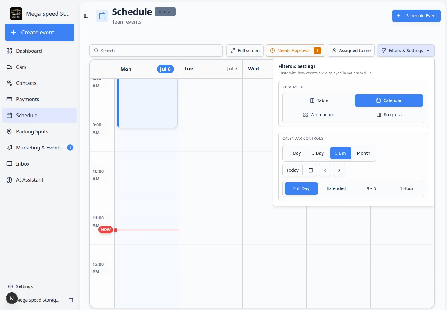 Schedule Progress view showing To Do, In Progress, and Done columns with vehicle event cards