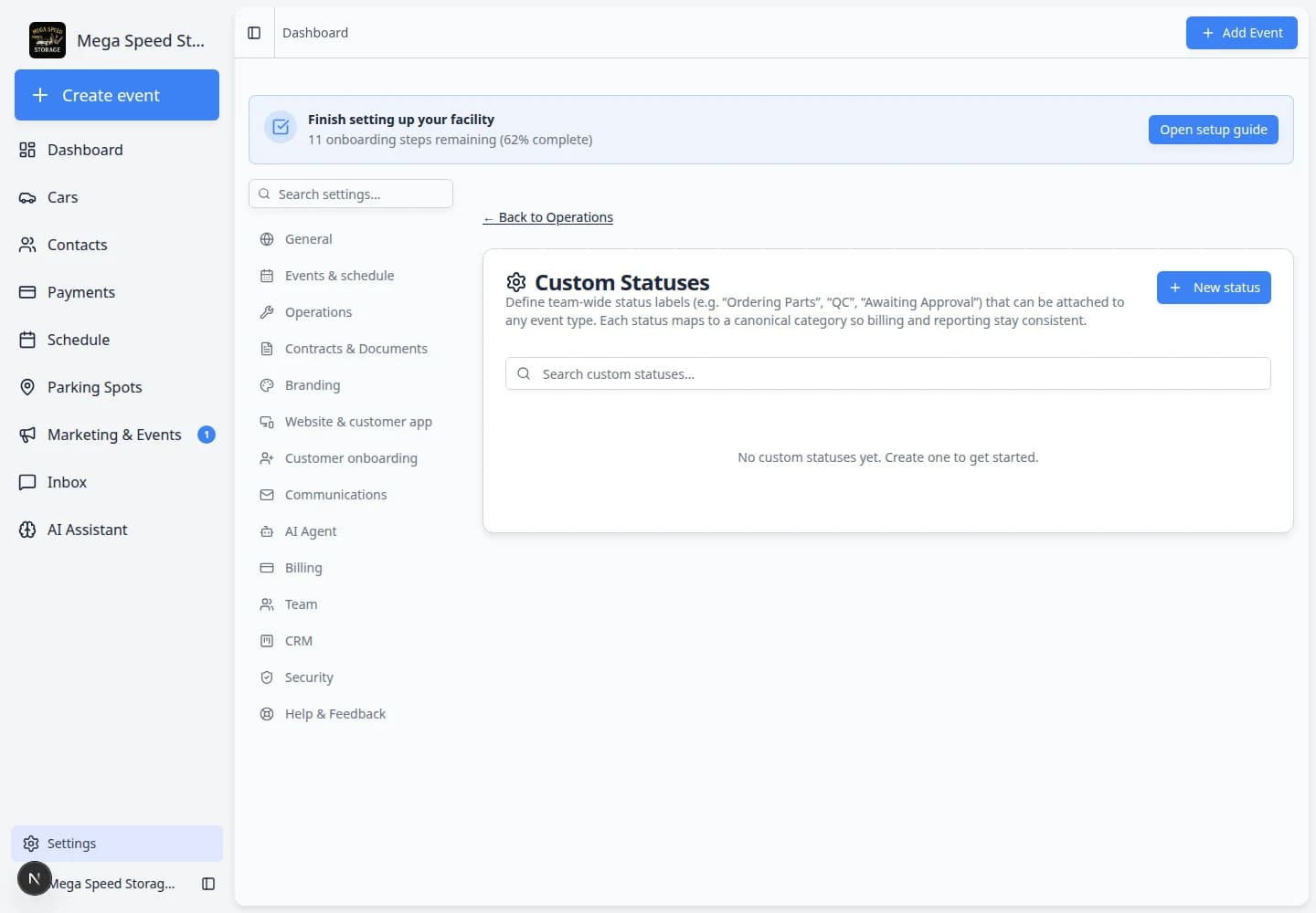 Custom statuses page showing Waiting on customer, In the bay, and Ready for pickup status labels