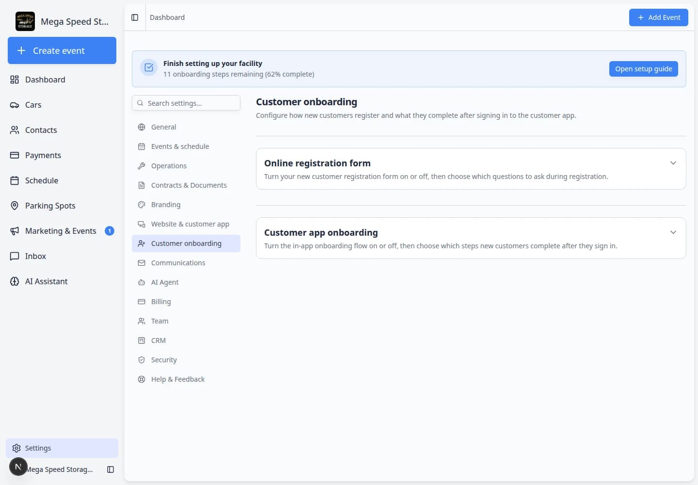 Customer app onboarding section showing draggable steps such as Welcome, Profile, Cars, Contract Signing, and Document Upload with enable toggles
