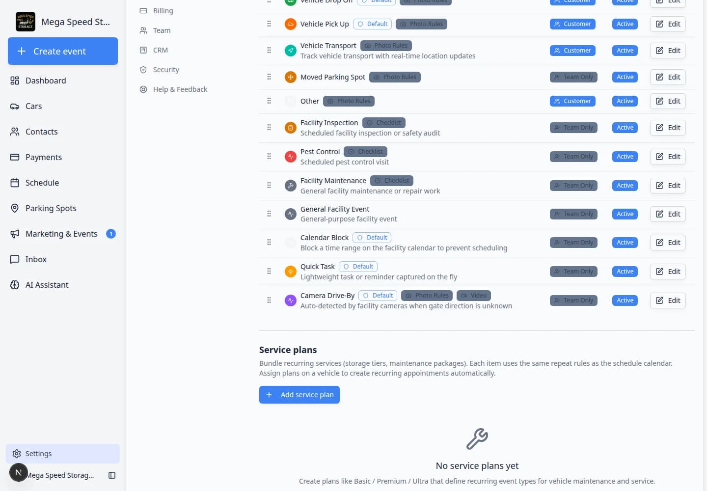 Events and schedule settings scrolled to Service plans showing Premium Maintenance Plan and Basic Storage Plan in the table